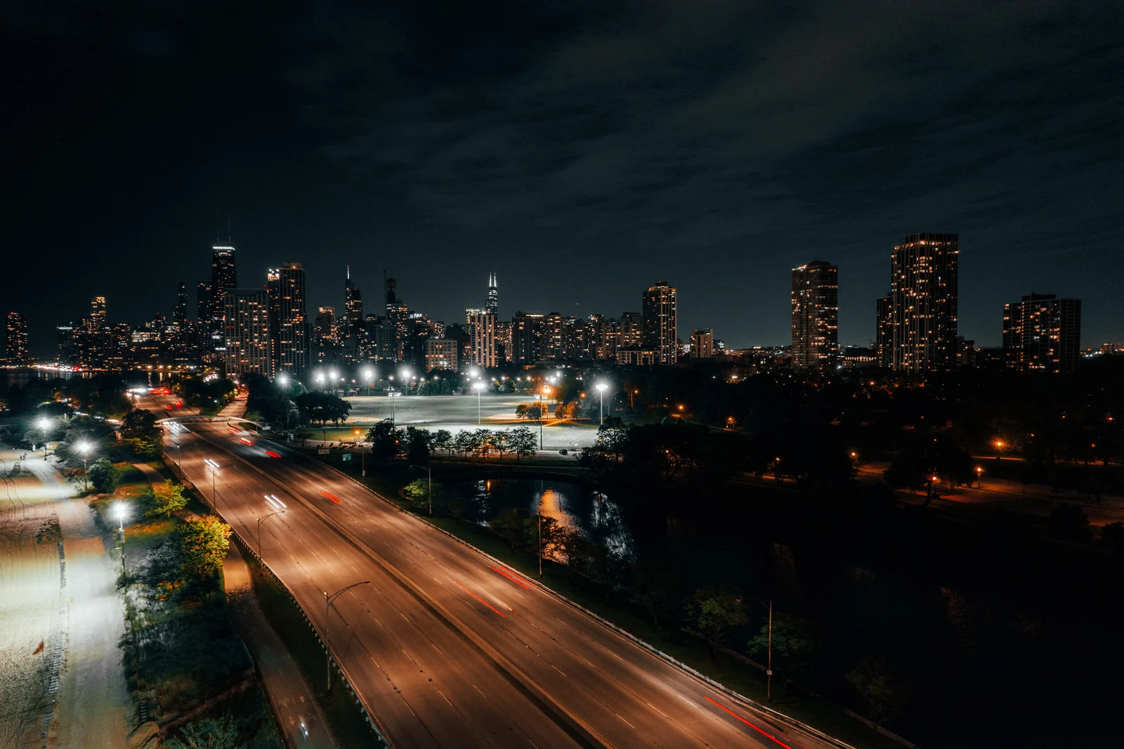A nighttime drone photograph over downtown Chicago
